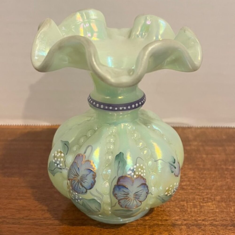 Fenton Iridized Sea Green Beaded Melon Pansies Vase Signed Frank & Tom Fenton
